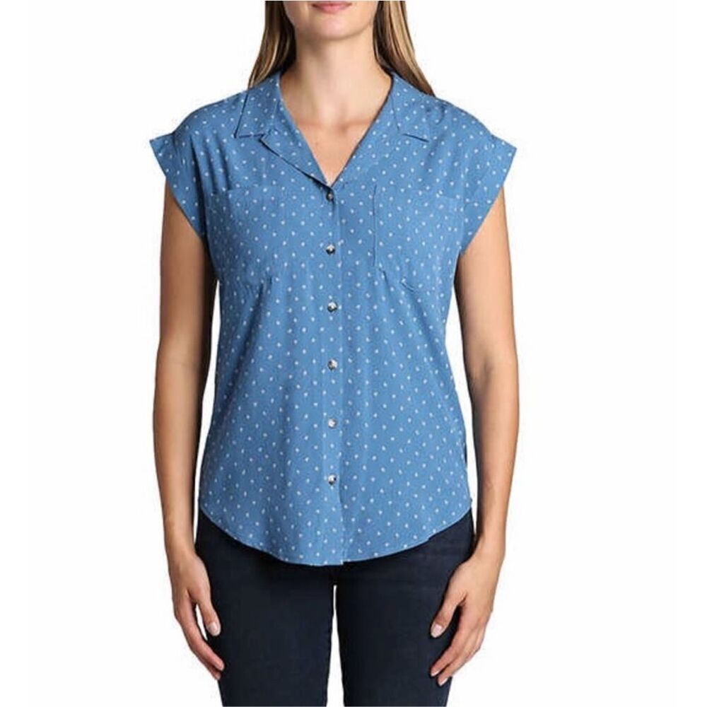 Womens Jachs Girlfriend Short Sleeve Floral Print Chambray Button Down Blouse XL